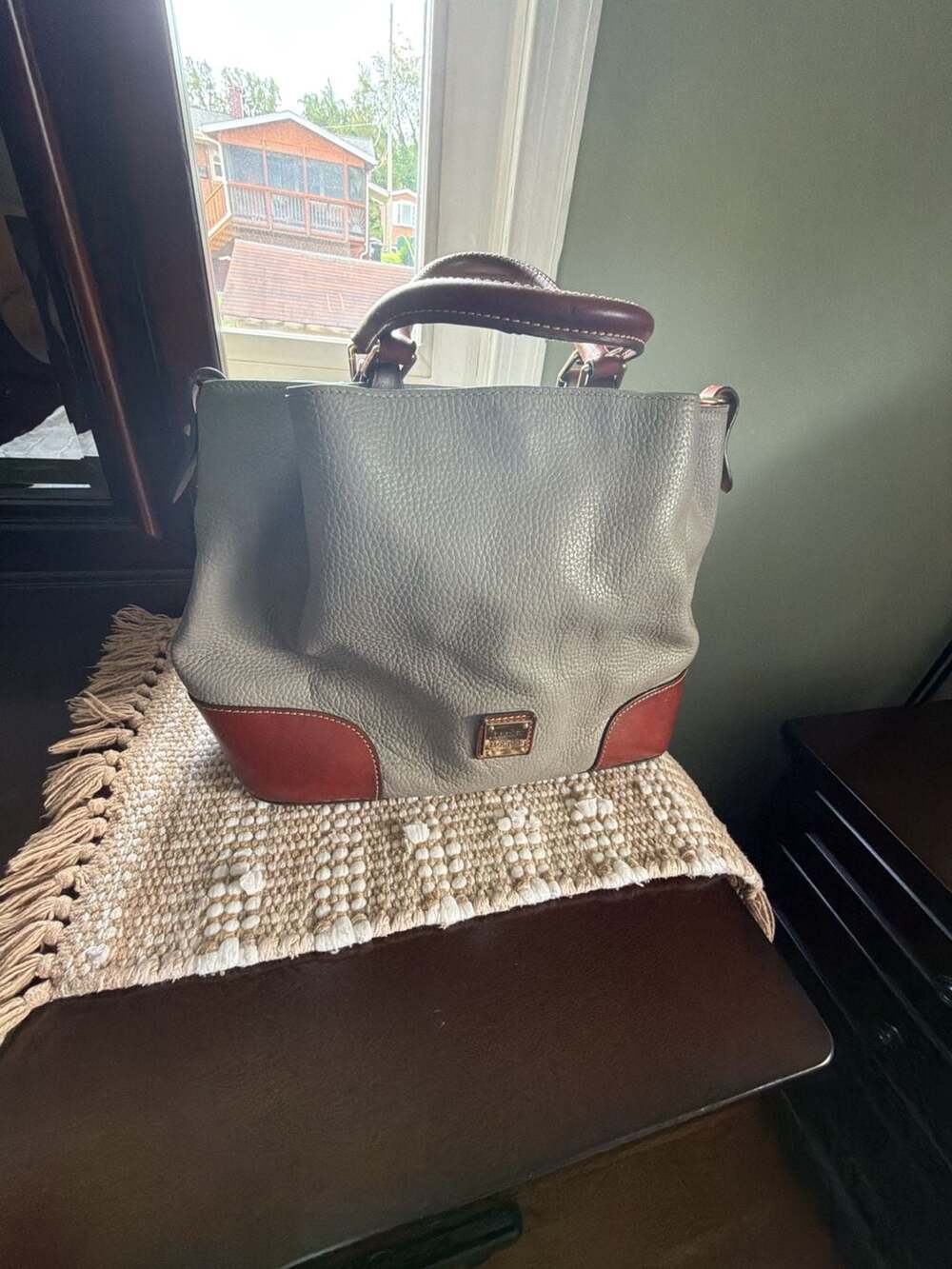 Dooney & Bourke Brenna Gray Brown Pebble Leather Satchel Shoulder Bag
